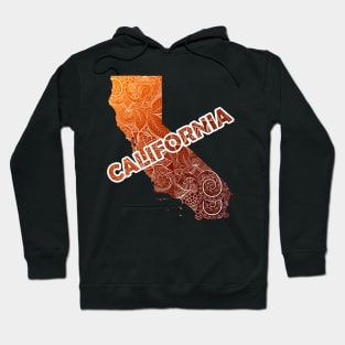 Colorful mandala art map of California with text in brown and orange Hoodie